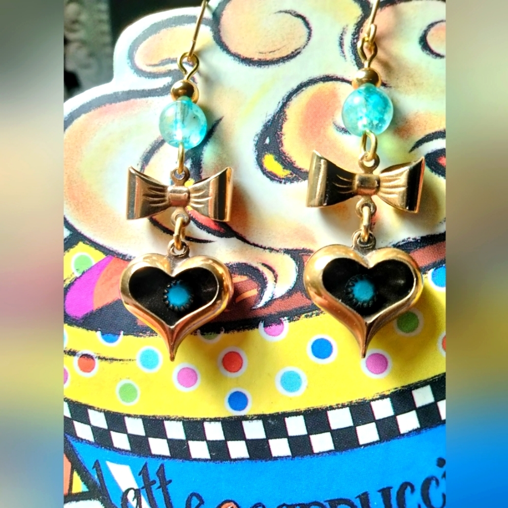 💙 Heart & Bow Handmade Hypoallergenic Solid Brass Turquoise Earrings 🎀